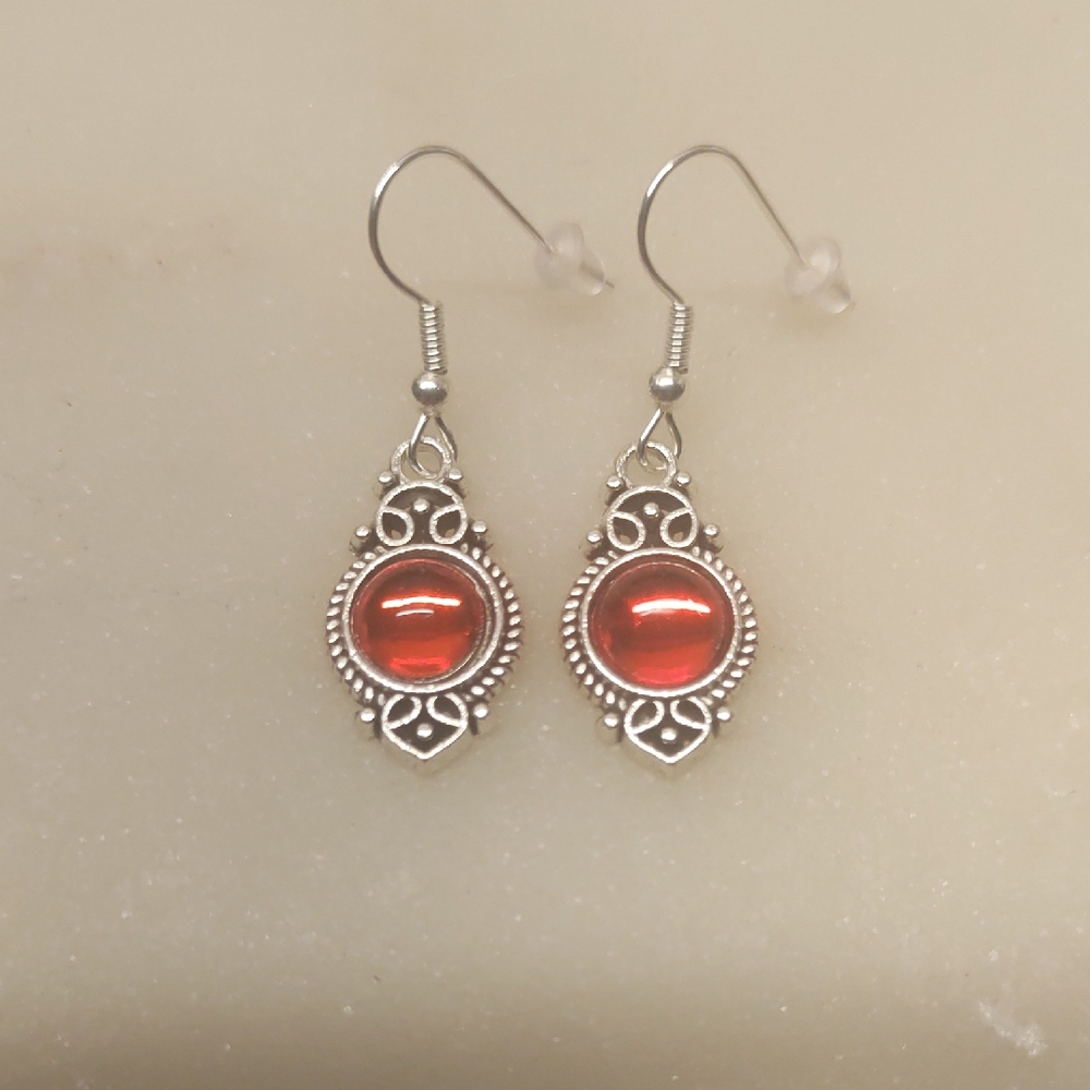 BOGO! NEW! Silver Scrollwork & Red Gem Dangle Fashion Earrings